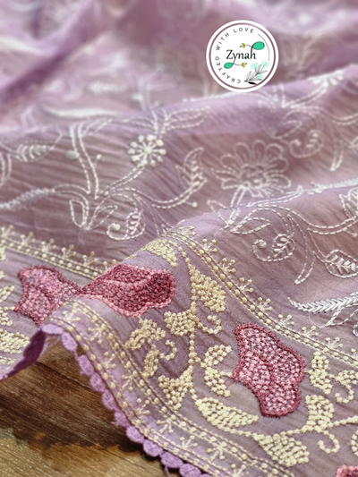 Zynah Violet Color Pure Organza Silk Chikankari  Embroidery Saree with Crochet Lace  in Pastel Shades; Available in many colors; stitched readymade blouse,fall,petticoat,available in USA