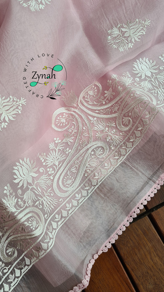 Zynah Pure Organza Silk Saree with Thread Embroidery & Crochet lace Border; Custom Stitched/Ready-made Blouse, Fall, Petticoat; Shipping available USA, Worldwide