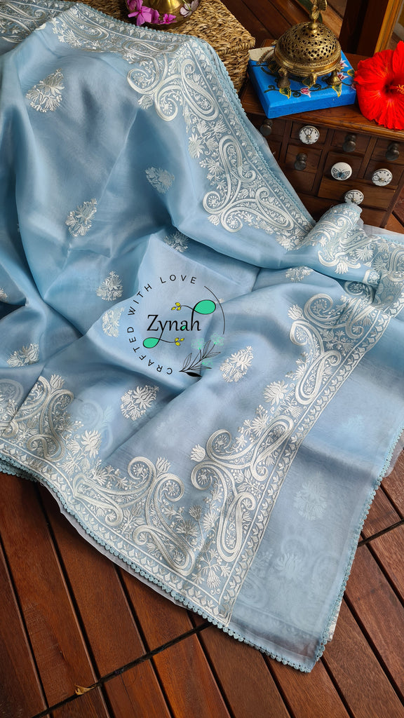 Zynah Pure Organza Silk Saree with Thread Embroidery & Crochet lace Border; Custom Stitched/Ready-made Blouse, Fall, Petticoat; Shipping available USA, Worldwide