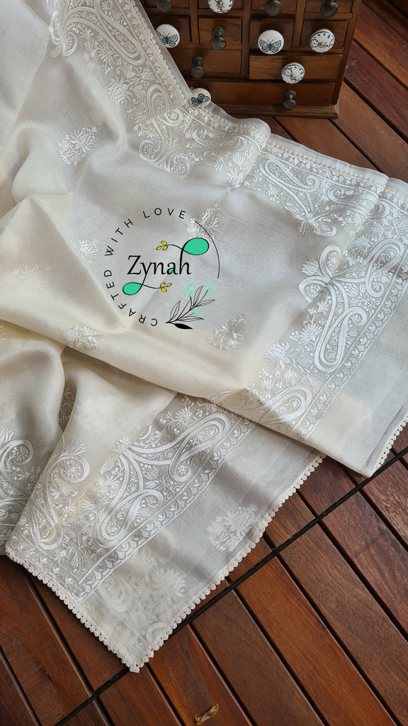 Zynah Pure Organza Silk Saree with Thread Embroidery & Crochet lace Border; Custom Stitched/Ready-made Blouse, Fall, Petticoat; Shipping available USA, Worldwide