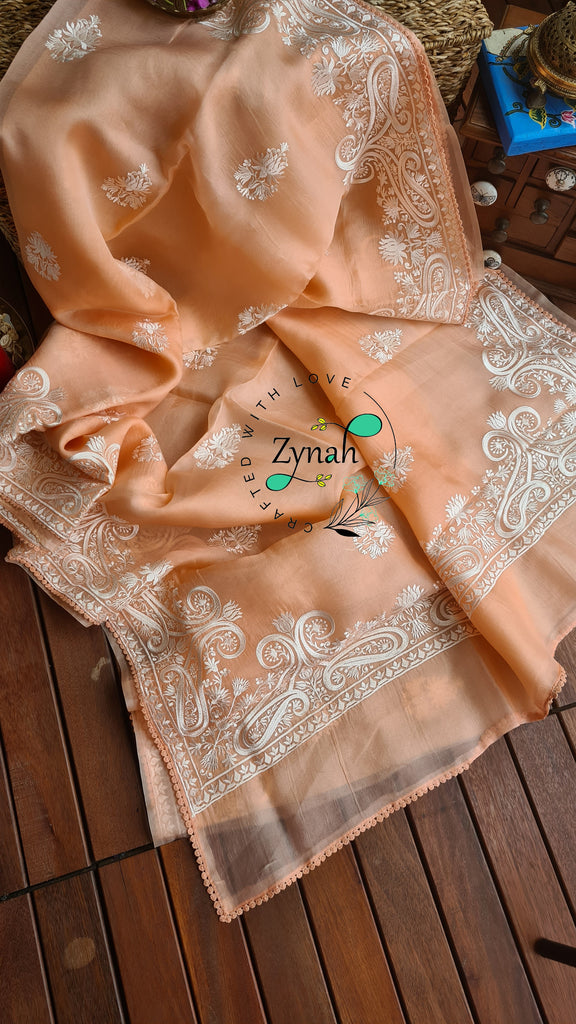 Zynah Pure Organza Silk Saree with Thread Embroidery & Crochet lace Border; Custom Stitched/Ready-made Blouse, Fall, Petticoat; Shipping available USA, Worldwide