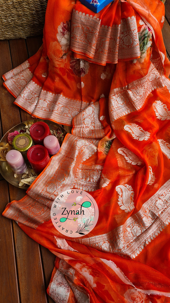 Zynah Pure Khaddi Chiffon Saree with Floral Prints & Silver Zari Weave; Custom Stitched/Ready-made Blouse, Fall, Petticoat; Shipping available USA, Worldwide