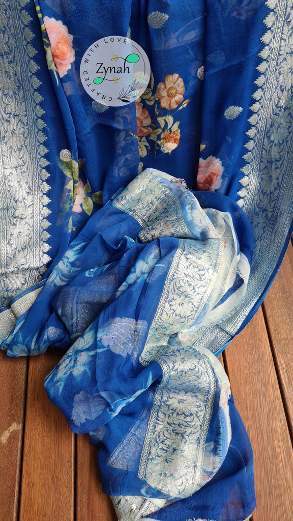 Zynah Pure Khaddi Chiffon Saree with Floral Prints & Silver Zari Weave; Custom Stitched/Ready-made Blouse, Fall, Petticoat; Shipping available USA, Worldwide