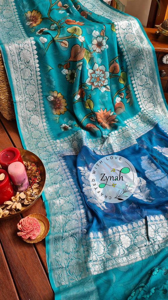 Zynah Pure Khaddi Chiffon Saree with Floral Prints & Silver Zari Weave; Custom Stitched/Ready-made Blouse, Fall, Petticoat; Shipping available USA, Worldwide