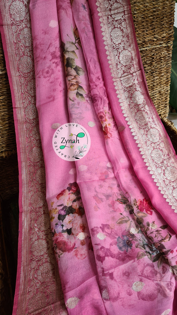 Zynah Pure Khaddi Chiffon Saree with Floral Prints & Silver Zari Weave; Custom Stitched/Ready-made Blouse, Fall, Petticoat; Shipping available USA, Worldwide
