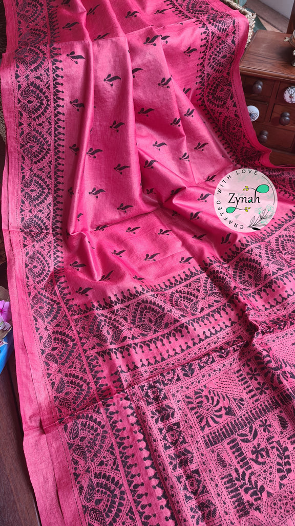 Zynah Pure Tussar Silk Kantha Saree; Custom Stitched/Ready-made Blouse, Fall, Petticoat; Shipping available USA, Worldwide