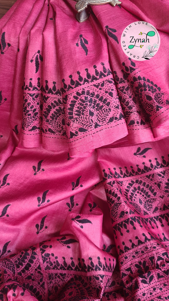 Zynah Pure Tussar Silk Kantha Saree; Custom Stitched/Ready-made Blouse, Fall, Petticoat; Shipping available USA, Worldwide