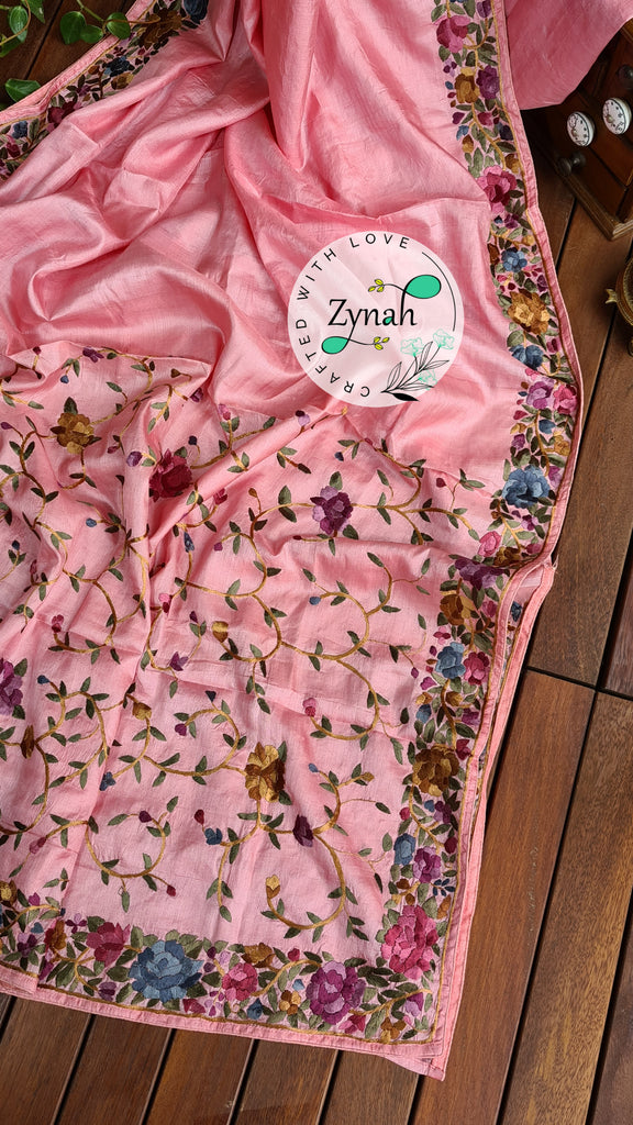 Zynah Made to Order Pure Tussar Silk Parsi Gara Handcrafted Saree; Custom Stitched/Ready-made Blouse, Fall, Petticoat; Shipping available USA, Worldwide