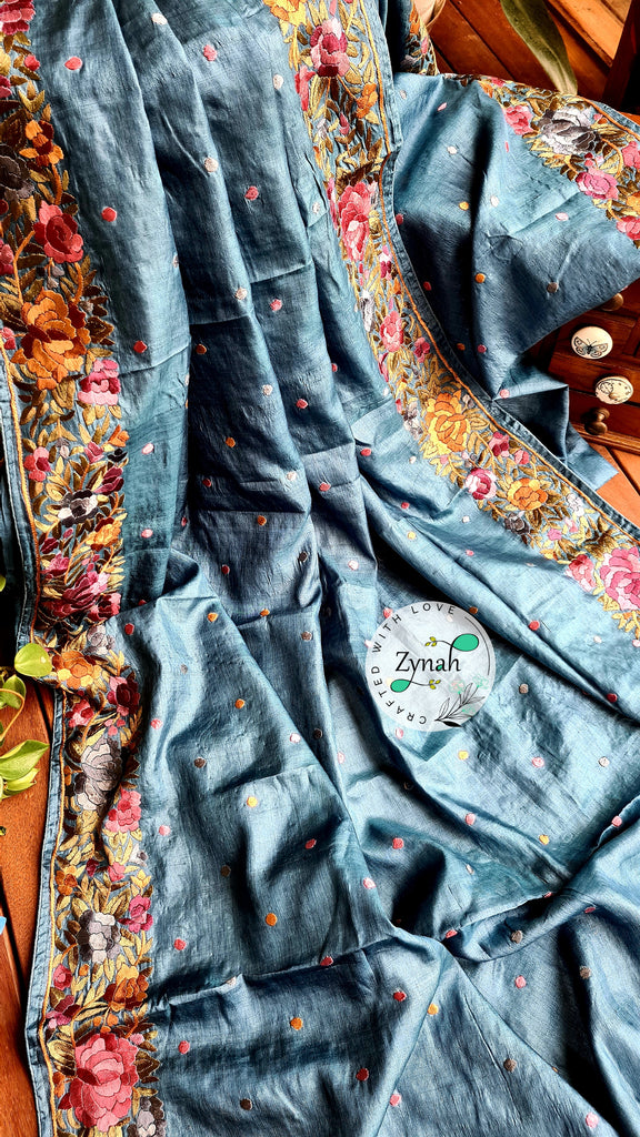 Zynah Made to Order Pure Tussar Silk Parsi Gara Handcrafted Saree; Custom Stitched/Ready-made Blouse, Fall, Petticoat; Shipping available USA, Worldwide