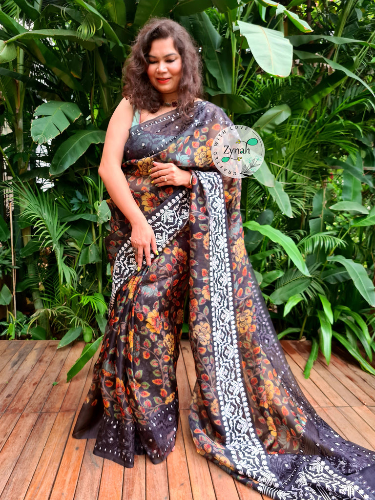 Zynah Pure Organza Silk Kalamkari Saree with Dhakai Jamdhani Thread Embroidery; Custom Stitched/Ready-made Blouse, Fall, Petticoat; Shipping available USA, Worldwide