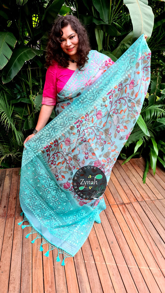 Zynah Pure Organza Silk Kalamkari Saree with Dhakai Jamdhani Thread Embroidery; Custom Stitched/Ready-made Blouse, Fall, Petticoat; Shipping available USA, Worldwide