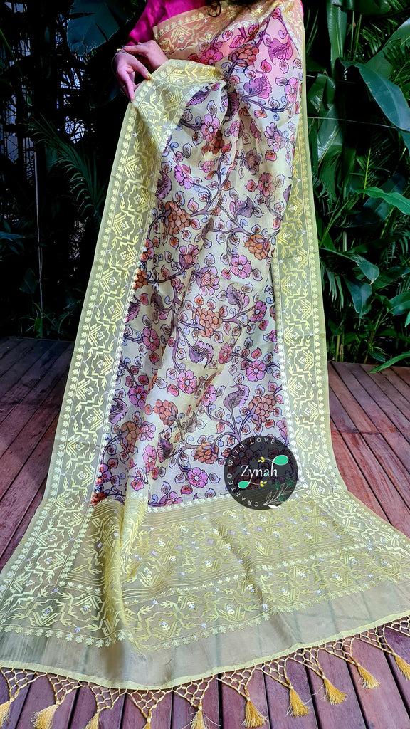 Zynah Pure Organza Silk Kalamkari Saree with Dhakai Jamdhani Thread Embroidery; Custom Stitched/Ready-made Blouse, Fall, Petticoat; Shipping available USA, Worldwide