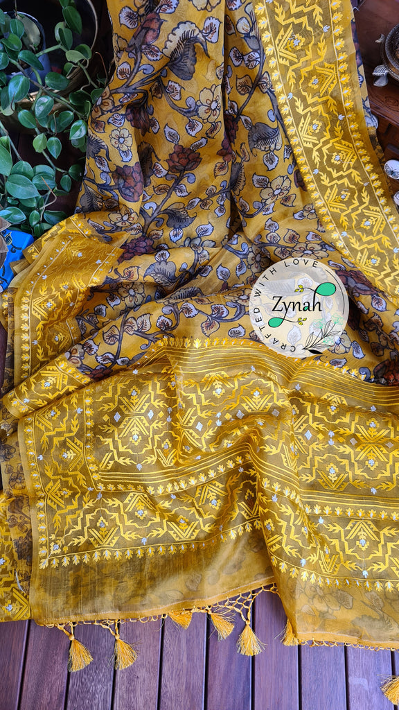 Zynah Pure Organza Silk Kalamkari Saree with Dhakai Jamdhani Thread Embroidery; Custom Stitched/Ready-made Blouse, Fall, Petticoat; Shipping available USA, Worldwide