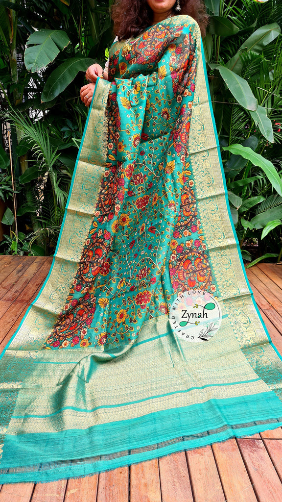 Zynah Pure Tussar Silk Banarasi Kalamkari Saree with Antique zari weave; Custom Stitched/Ready-made Blouse, Fall, Petticoat; Shipping available USA, Worldwide