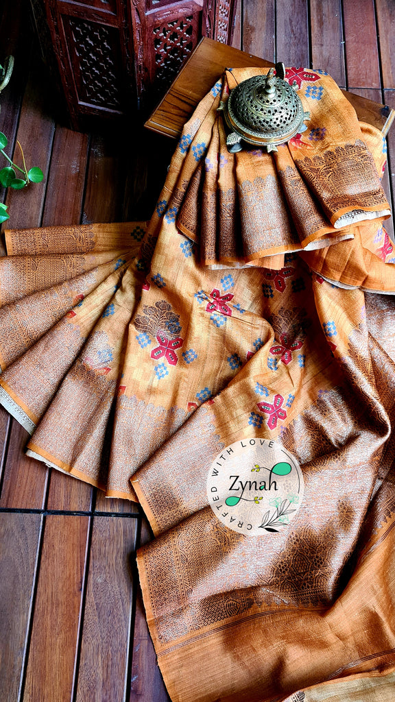 Zynah Pure Tussar Silk Banarasi Patan Patola inspired Saree with Antique zari weave; Custom Stitched/Ready-made Blouse, Fall, Petticoat; Shipping available USA, Worldwide
