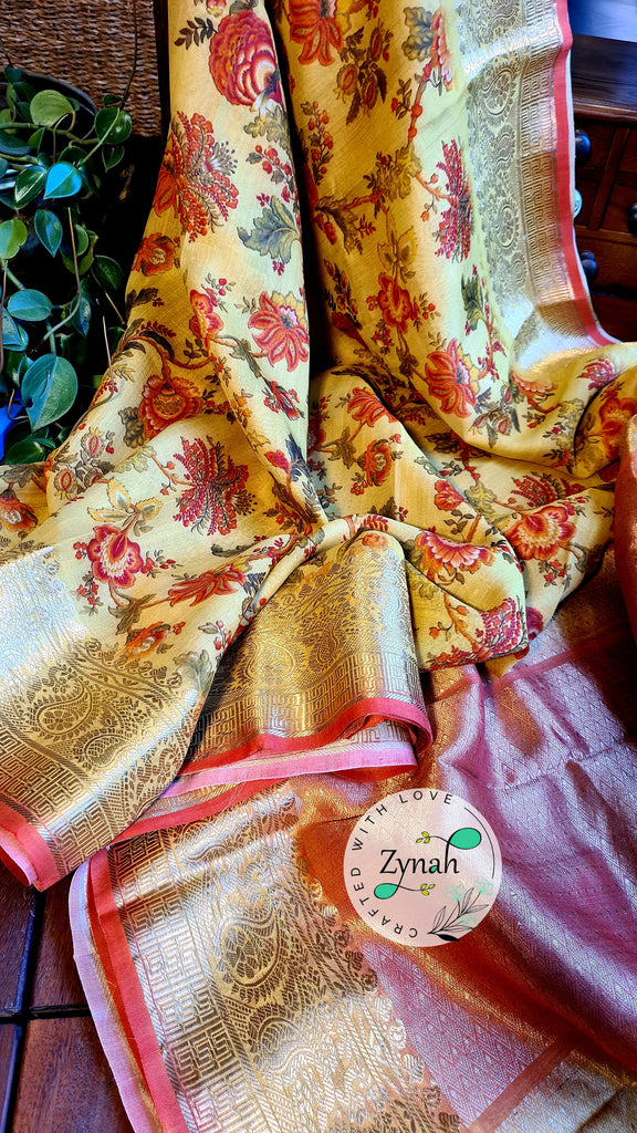 Zynah Pure Tussar Banarasi Silk Saree; Custom Stitched/Ready-made Blouse, Fall, Petticoat; Shipping available USA, Worldwide