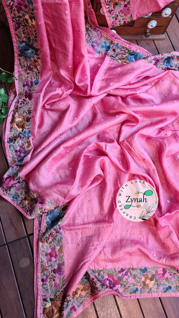 Zynah Made to Order Pure Tussar Silk Parsi Gara Handcrafted Saree; Custom Stitched/Ready-made Blouse, Fall, Petticoat; Shipping available USA, Worldwide