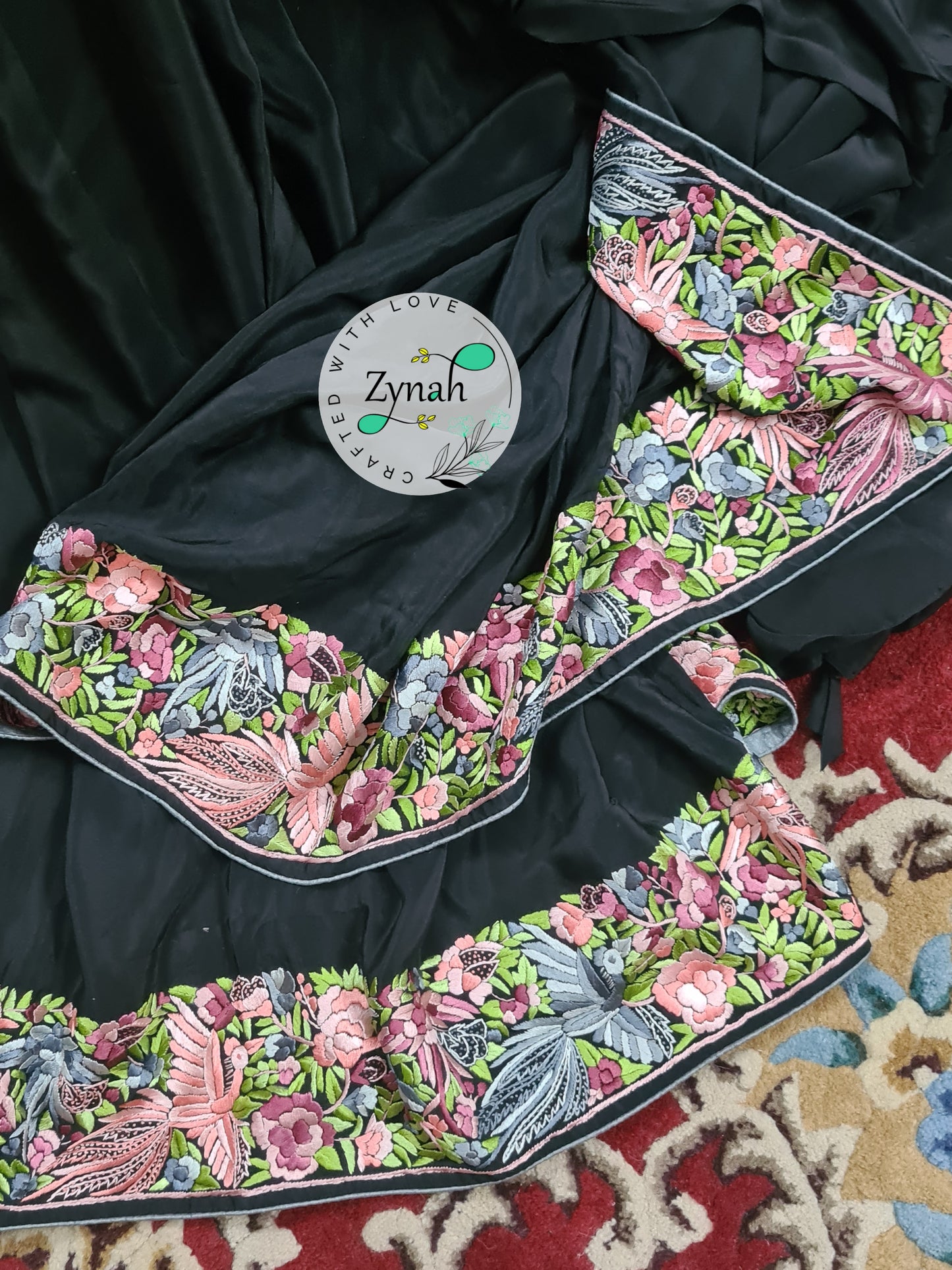 Zynah Made to Order Black Pure Crepe Silk Parsi Gara Handcrafted Saree; Custom Stitched/Ready-made Blouse, Fall, Petticoat; Shipping available USA, Worldwide