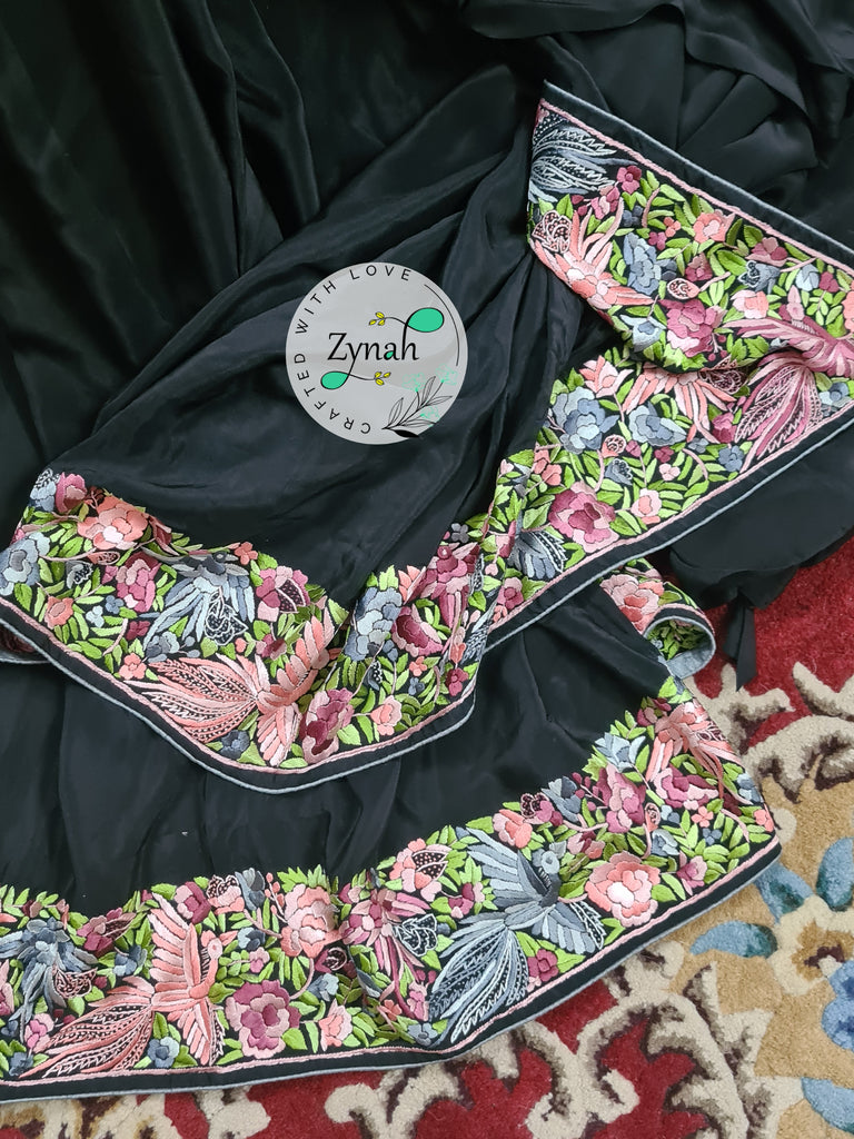 Zynah Made to Order Black Pure Crepe Silk Parsi Gara Handcrafted Saree; Custom Stitched/Ready-made Blouse, Fall, Petticoat; Shipping available USA, Worldwide