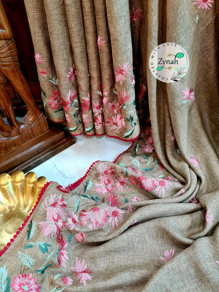 Zynah Pure Jute Muslin Embroidery Saree with Crochet lace; Custom Stitched/Ready-made Blouse, Fall, Petticoat; Shipping available USA, Worldwide