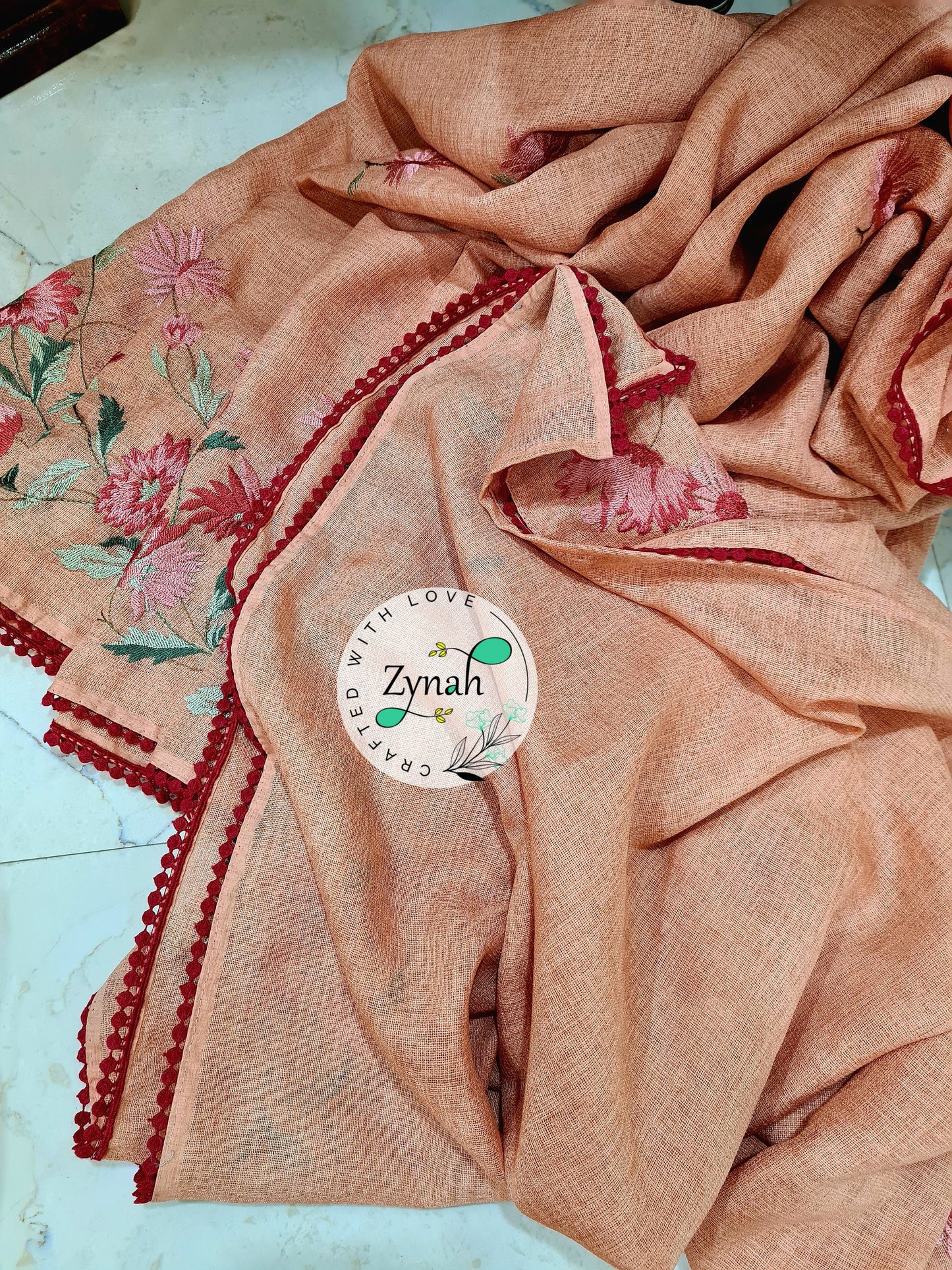 Zynah Pure Jute Muslin Embroidery Saree with Crochet lace; Custom Stitched/Ready-made Blouse, Fall, Petticoat; Shipping available USA, Worldwide