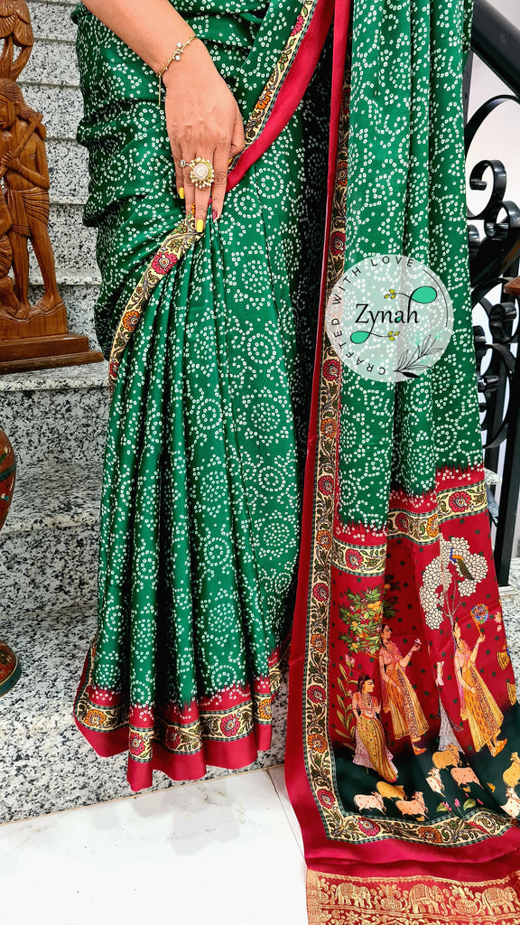 Zynah Pure Gajji Silk Saree with Bandhani & Pichwai Prints, Amdavadi Pallu; Custom Stitched/Ready-made Blouse, Fall, Petticoat; Shipping available USA, Worldwide