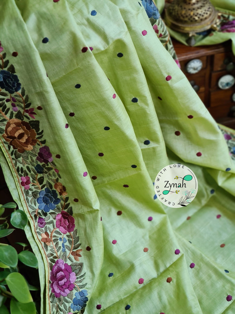 Zynah Pure Tussar Silk Parsi Gara Handcrafted Saree; Custom Stitched/Ready-made Blouse, Fall, Petticoat; Shipping available USA, Worldwide