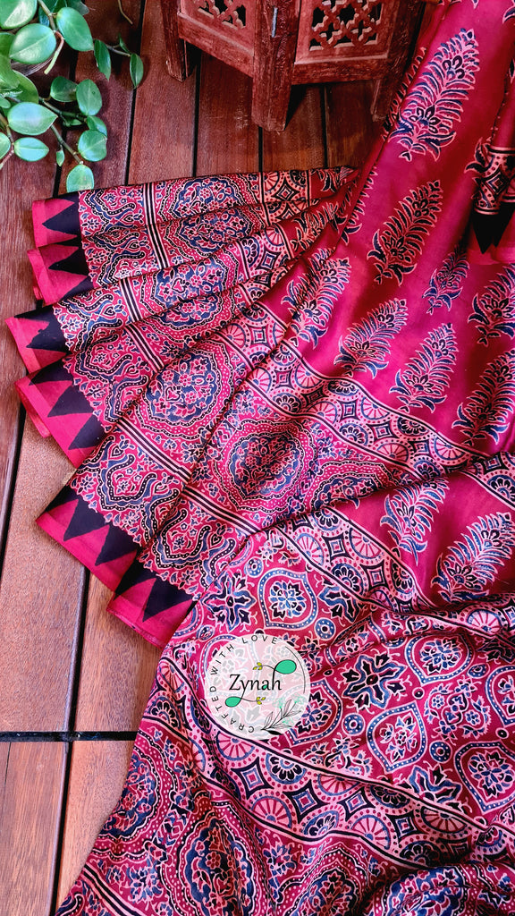 Zynah Pure Modal Silk Ajrakh Saree with Handblock Prints; Custom Stitched/Ready-made Blouse, Fall, Petticoat; Shipping available USA, Worldwide