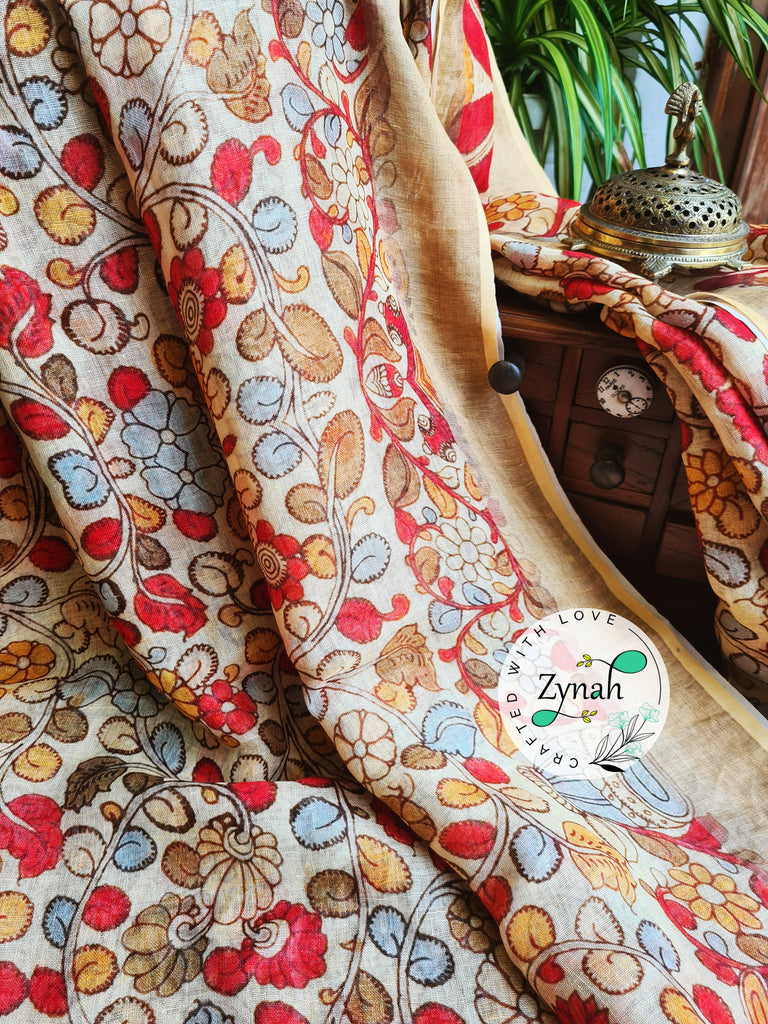 Zynah Kalamkari Organic Lab Tested 120 Count pure 'Linen by Linen' Saree; Custom Stitched/Ready-made Blouse, Fall, Petticoat; Shipping available USA, Worldwide