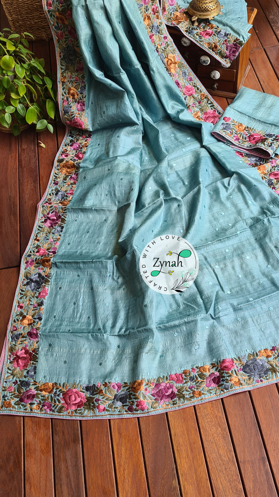 Zynah Made to Order Pure Tussar Silk Parsi Gara Handcrafted Saree; Custom Stitched/Ready-made Blouse, Fall, Petticoat; Shipping available USA, Worldwide