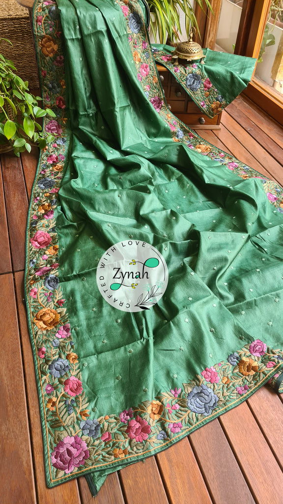 Zynah Made to Order Pure Tussar Silk Parsi Gara Handcrafted Saree; Custom Stitched/Ready-made Blouse, Fall, Petticoat; Shipping available USA, Worldwide