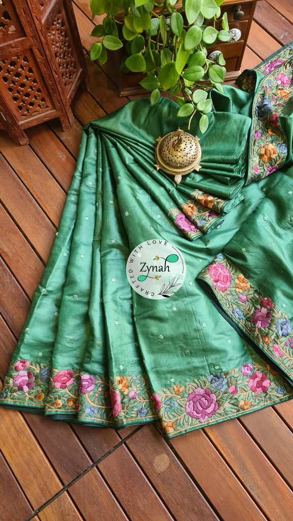 Zynah Made to Order Pure Tussar Silk Parsi Gara Handcrafted Saree; Custom Stitched/Ready-made Blouse, Fall, Petticoat; Shipping available USA, Worldwide