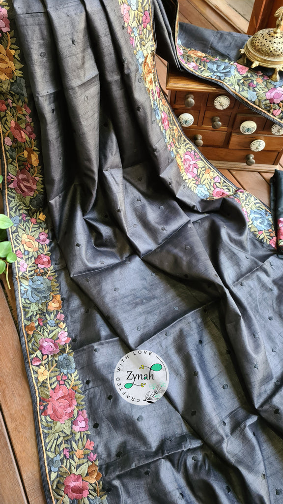 Zynah Made to Order Pure Tussar Silk Parsi Gara Handcrafted Saree; Custom Stitched/Ready-made Blouse, Fall, Petticoat; Shipping available USA, Worldwide