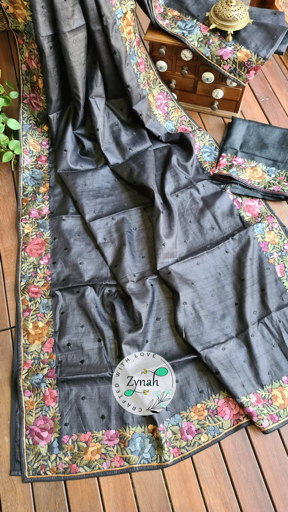 Zynah Made to Order Pure Tussar Silk Parsi Gara Handcrafted Saree; Custom Stitched/Ready-made Blouse, Fall, Petticoat; Shipping available USA, Worldwide