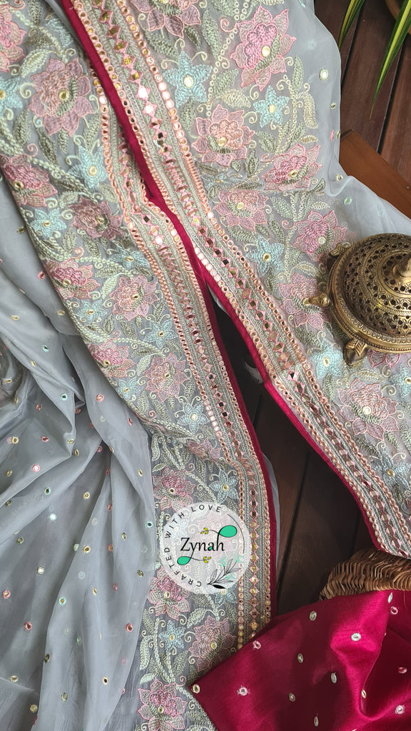 Zynah Pure Organza Silk Saree with Foil Mirror Work & Thread Embroidery; Custom Stitched/Ready-made Blouse, Fall, Petticoat; Shipping available USA, Worldwide