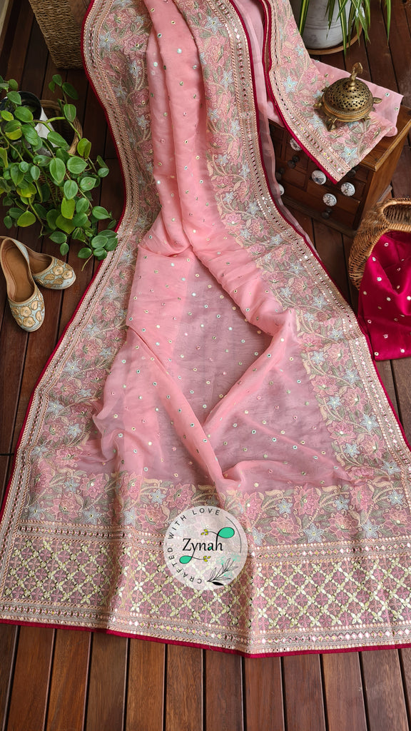 Zynah Pure Organza Silk Saree with Foil Mirror Work & Thread Embroidery; Custom Stitched/Ready-made Blouse, Fall, Petticoat; Shipping available USA, Worldwide