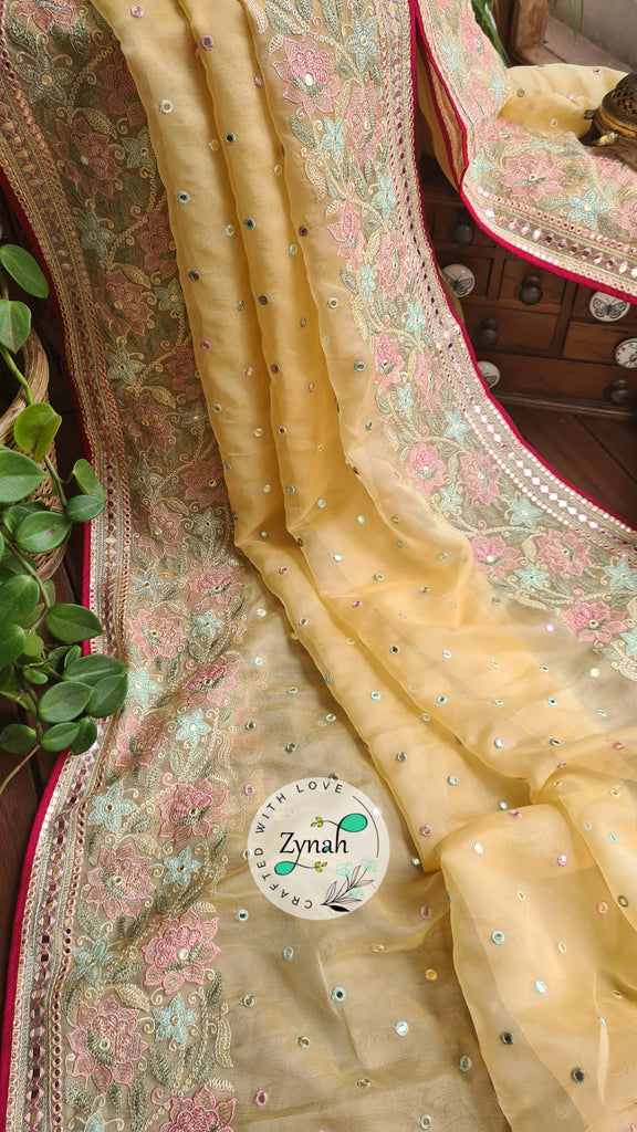 Zynah Pure Organza Silk Saree with Foil Mirror Work & Thread Embroidery; Custom Stitched/Ready-made Blouse, Fall, Petticoat; Shipping available USA, Worldwide