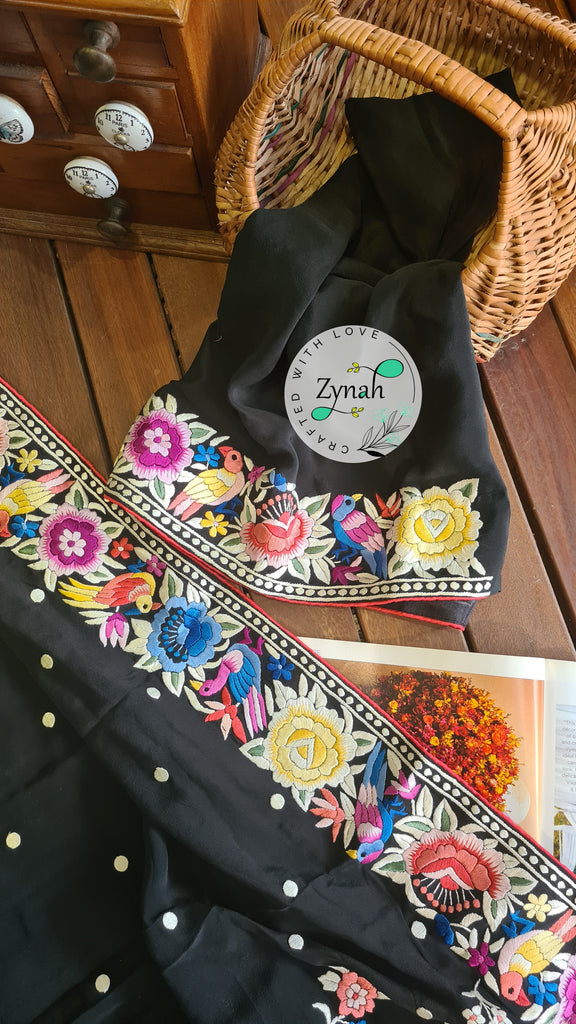 Zynah Pure Crepe Silk Parsi Gara Handcrafted Saree; Custom Stitched/Ready-made Blouse, Fall, Petticoat; Shipping available USA, Worldwide