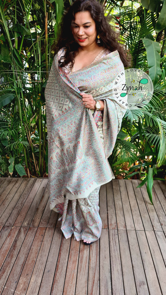 Zynah Pure Silk Kani Jamawar Style Saree with Grand Pallu & Border; Custom Stitched/Ready-made Blouse, Fall, Petticoat; Shipping available USA, Worldwide