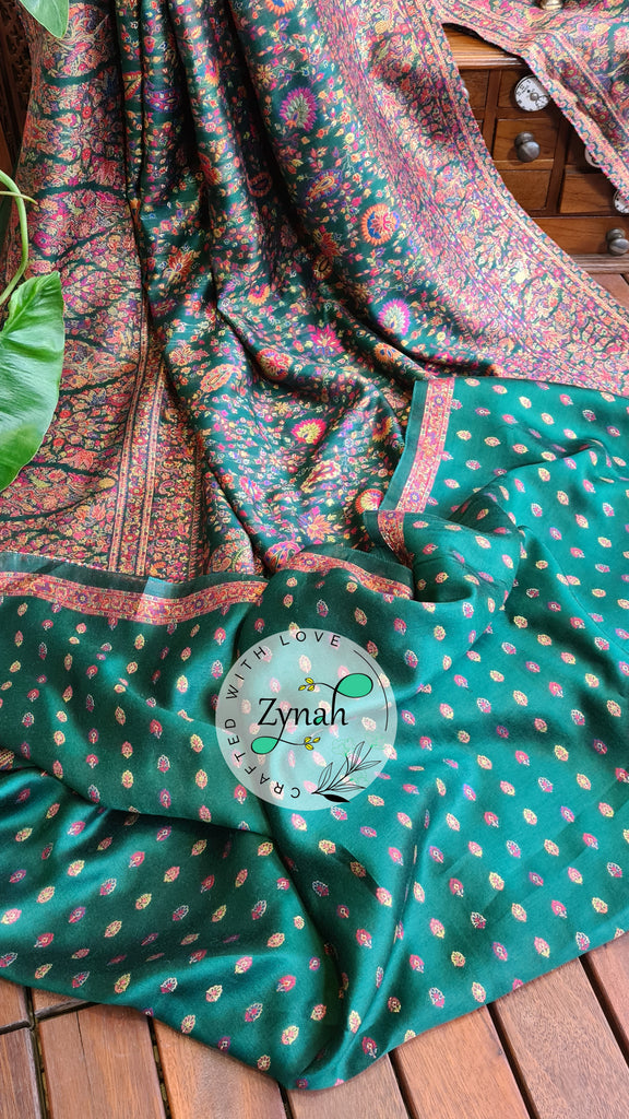Zynah Green Kashmiri Pure Kani Silk Jamavar Saree | Kashmiri Traditional Pashmina Pure Silk Kani Saree; Custom Stitched/Ready-made Blouse, Fall, Petticoat; SKU: 0903202206