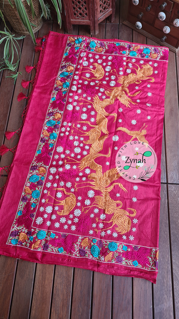 Zynah Pure Tussar Silk Parsi work Inspired Saree, Flamingo Bird Motifs; Custom Stitched/Ready-made Blouse, Fall, Petticoat; Shipping available USA, Worldwide