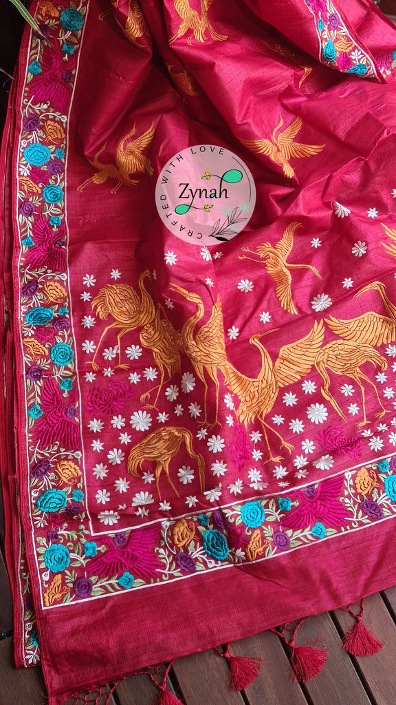 Zynah Pure Tussar Silk Parsi work Inspired Saree, Flamingo Bird Motifs; Custom Stitched/Ready-made Blouse, Fall, Petticoat; Shipping available USA, Worldwide
