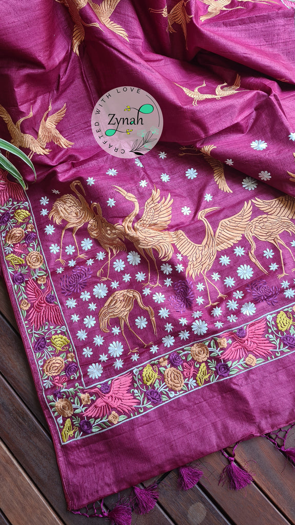 Zynah Pure Tussar Silk Parsi work Inspired Saree, Flamingo Bird Motifs; Custom Stitched/Ready-made Blouse, Fall, Petticoat; Shipping available USA, Worldwide