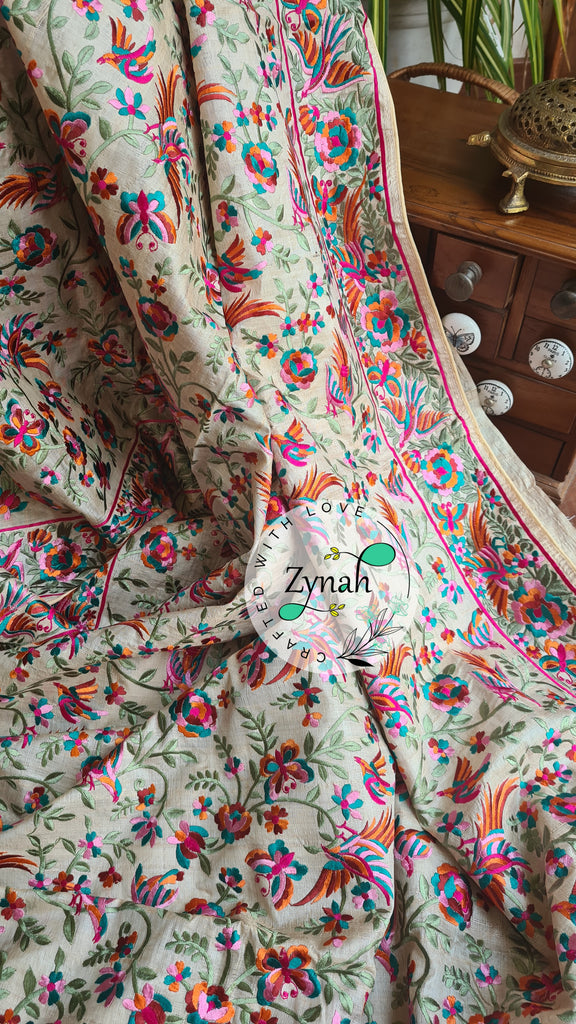 Zynah Pure Tussar Silk Parsi work Inspired Saree, Flamingo Bird Motifs; Custom Stitched/Ready-made Blouse, Fall, Petticoat; Shipping available USA, Worldwide