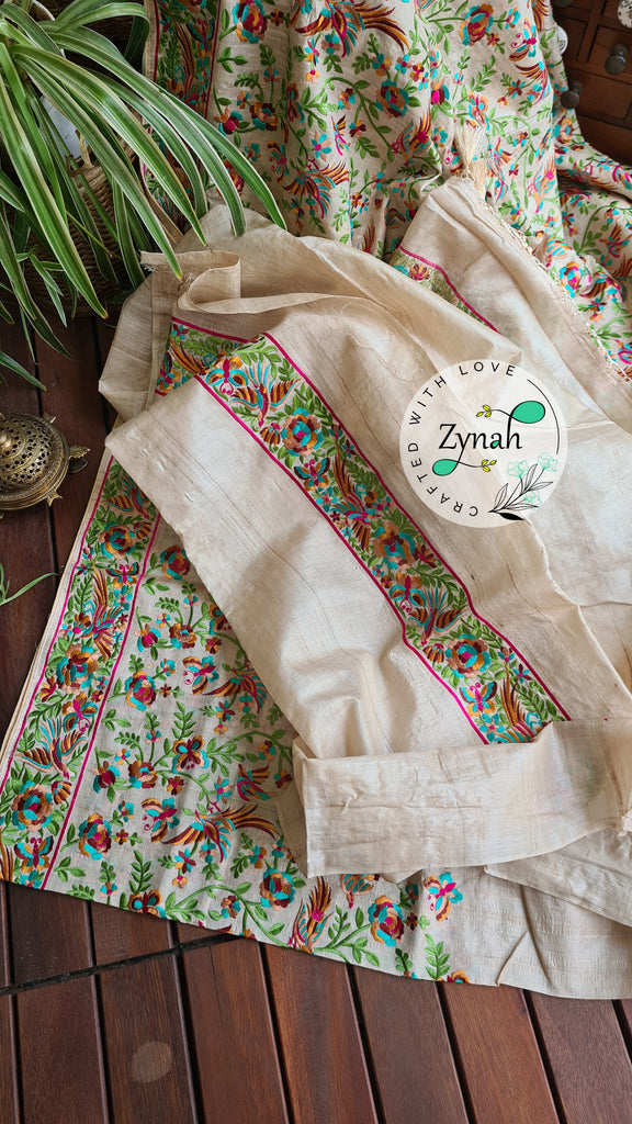 Zynah Pure Tussar Silk Parsi work Inspired Saree, Flamingo Bird Motifs; Custom Stitched/Ready-made Blouse, Fall, Petticoat; Shipping available USA, Worldwide