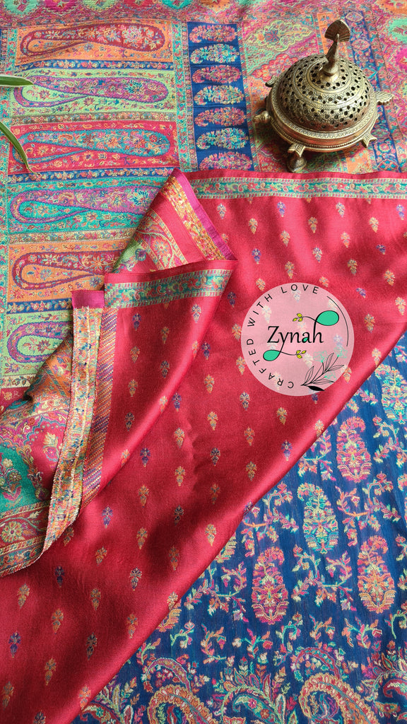 Zynah Blue & Orange Kashmiri Pure Kani Silk Jamavar Saree | Kashmiri Traditional Pashmina Pure Silk Kani Saree; Custom Stitched/Ready-made Blouse, Fall, Petticoat; SKU: 2103202201