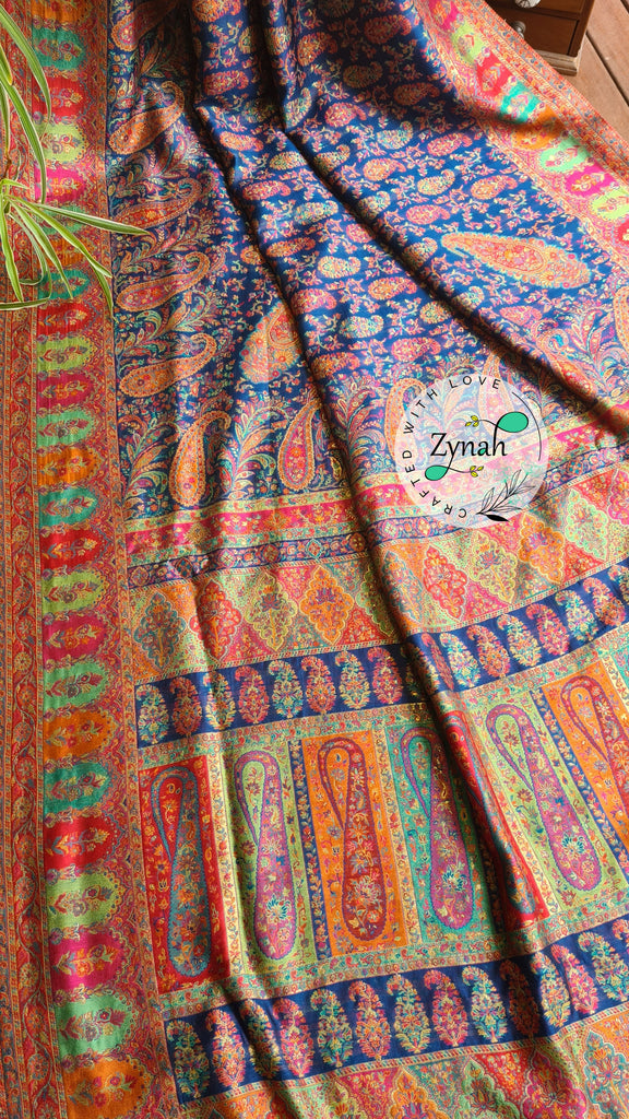 Zynah Blue & Orange Kashmiri Pure Kani Silk Jamavar Saree | Kashmiri Traditional Pashmina Pure Silk Kani Saree; Custom Stitched/Ready-made Blouse, Fall, Petticoat; SKU: 2103202201