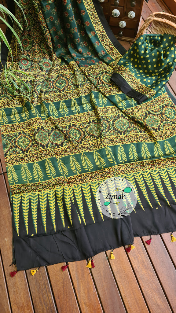 Zynah Pure Modal Silk Ajrakh Saree with Handblock Prints; Custom Stitched/Ready-made Blouse, Fall, Petticoat; Shipping available USA, Worldwide