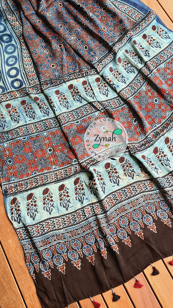 Zynah Pure Modal Silk Ajrakh Saree with Handblock Prints; Custom Stitched/Ready-made Blouse, Fall, Petticoat; Shipping available USA, Worldwide