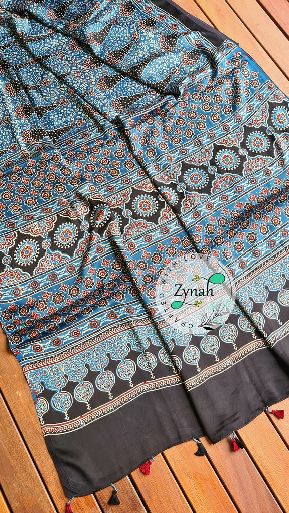 Zynah Pure Modal Silk Ajrakh Saree with Handblock Prints; Custom Stitched/Ready-made Blouse, Fall, Petticoat; Shipping available USA, Worldwide
